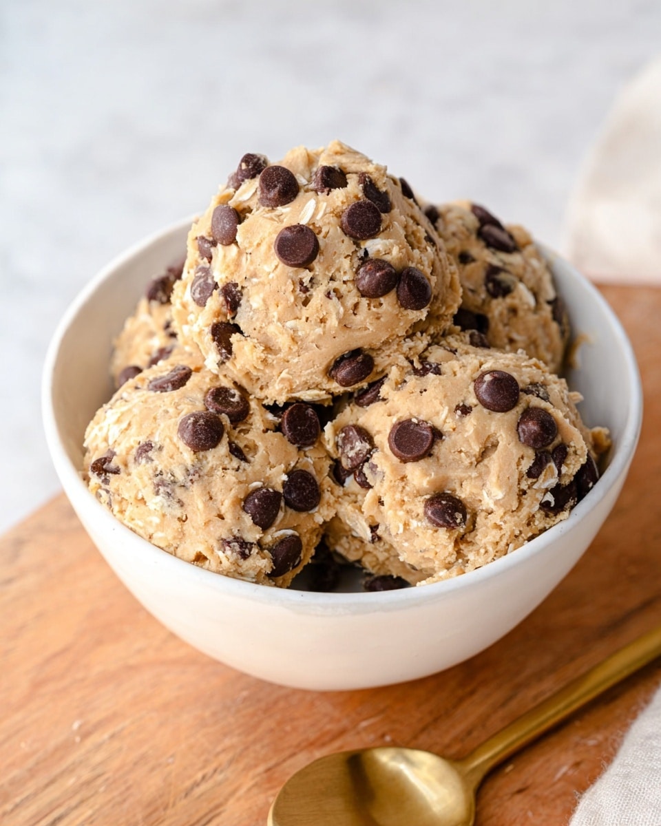 The image shows a white bowl filled with four large, rough-textured scoops of light beige cookie dough dotted generously with dark brown chocolate chips. The cookie dough has a chunky, coarse surface with visible oats mixed in, and the chocolate chips are scattered unevenly on top and around the sides. The bowl sits on a wooden surface with a soft white marbled texture background, and a golden spoon is placed nearby at the bottom right corner. photo taken with an iphone --ar 4:5 --v 7