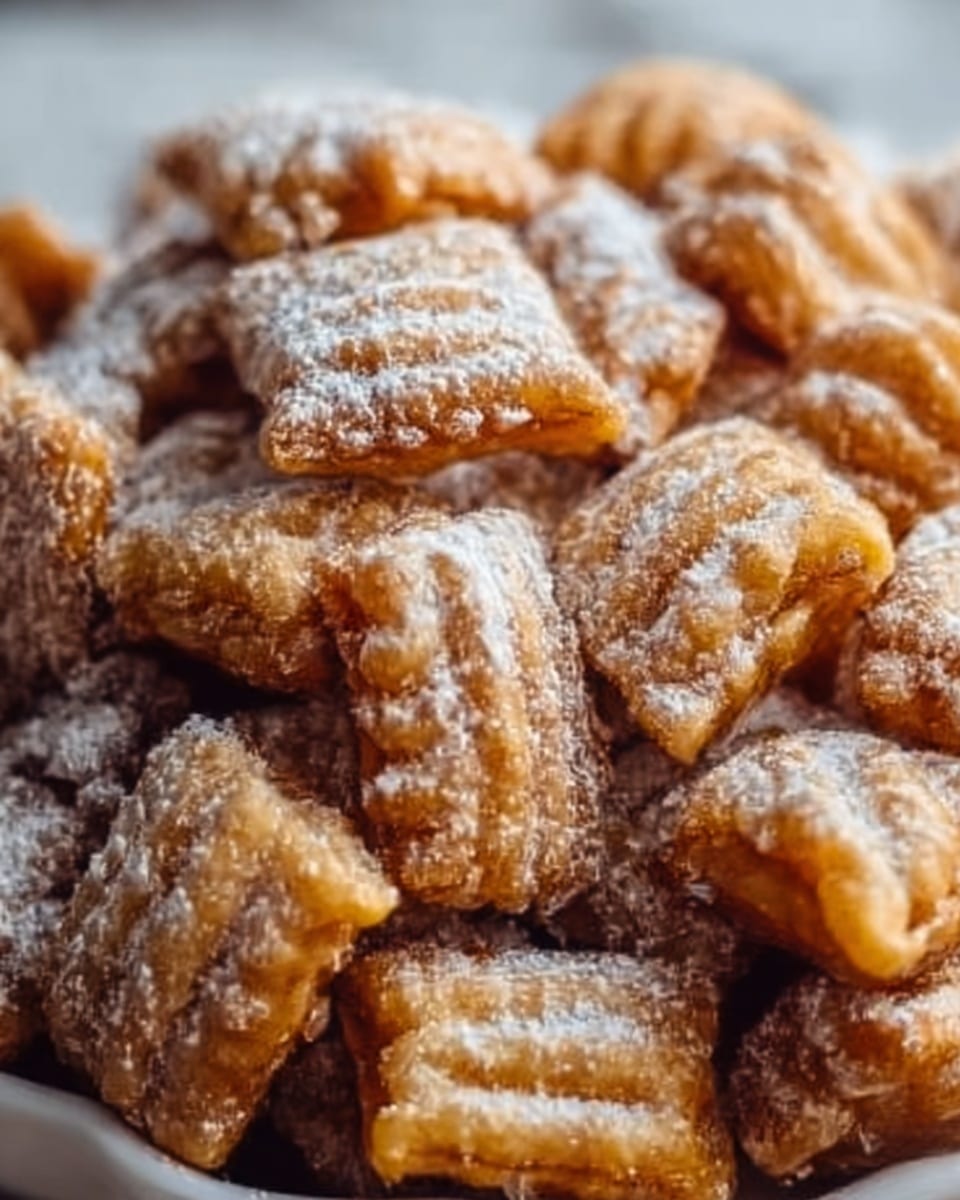 The image shows a close-up of many small, square-shaped snacks with a textured surface. Each piece is golden brown with a shiny coating, and most of them are dusted with a light layer of powdered sugar. The snacks have a crunchy, flaky look with some pieces showing ridges along the sides. They are piled together in a white shallow dish on a white marbled surface, giving a cozy and sweet appearance. Photo taken with an iphone --ar 4:5 --v 7