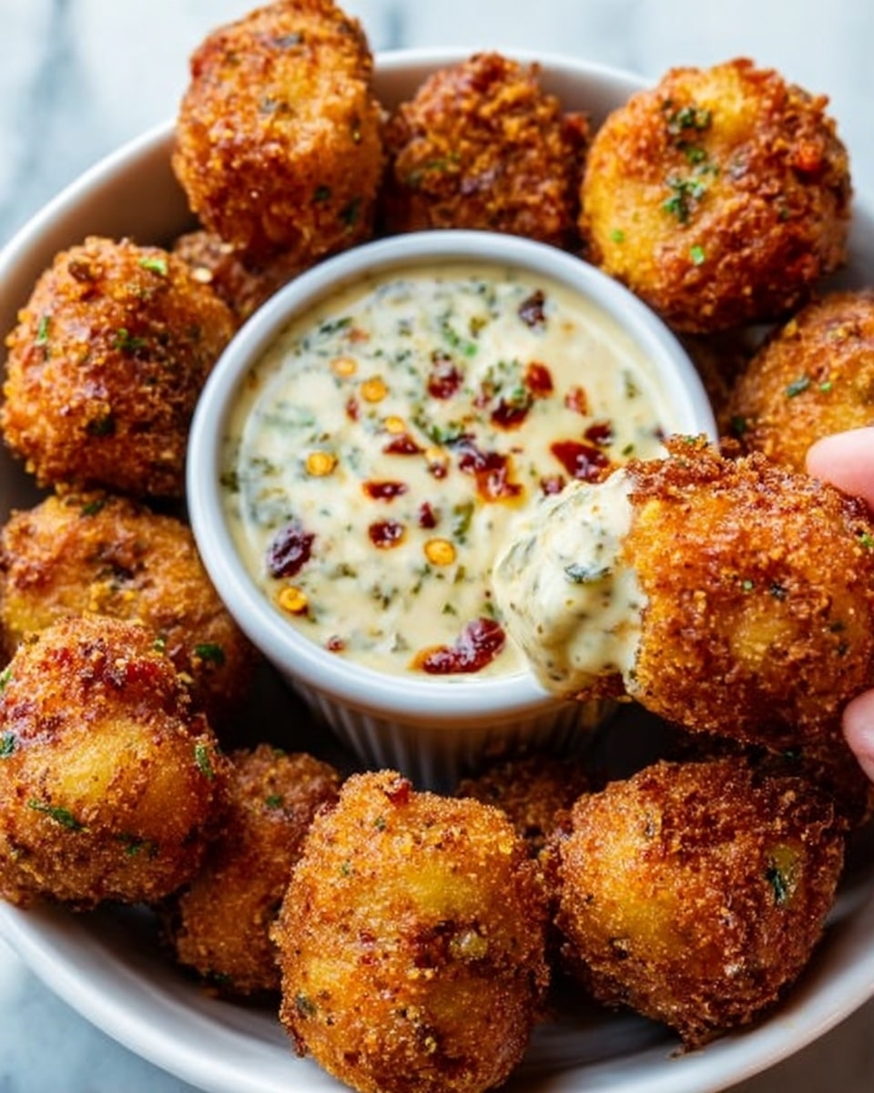 A white bowl filled with golden brown fried cheese balls that look crispy on the outside. In the middle of the bowl, there is a small silver cup with white creamy sauce that has small green herb pieces on top. A woman's hand is dipping one cheese ball into the sauce, showing the soft inside of the cheese ball covered with the sauce. The background has a white marbled texture. Photo taken with an iphone --ar 4:5 --v 7