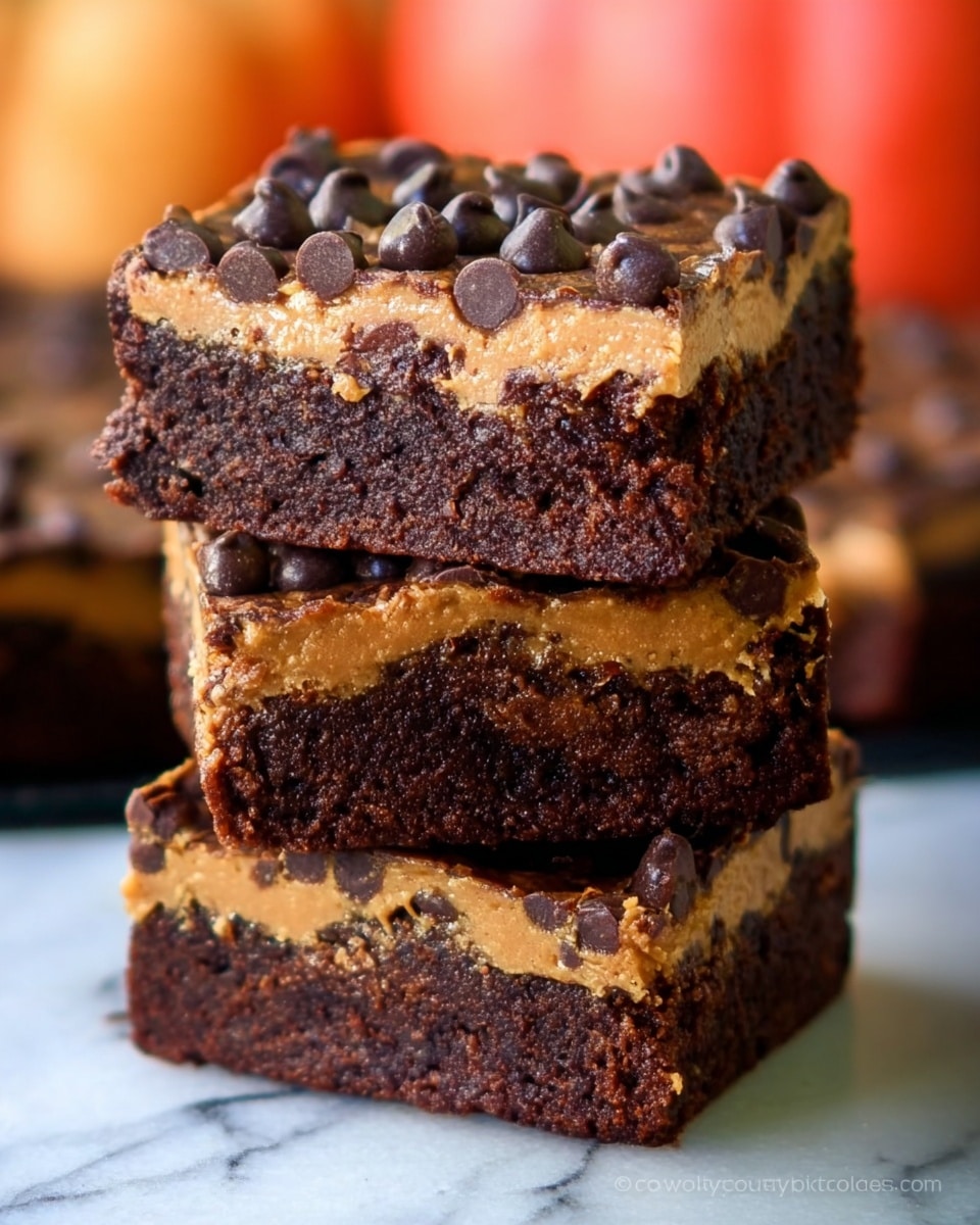 The image shows a close-up of three thick, square brownie pieces stacked on top of each other. Each brownie has two clear layers: a dense, dark brown chocolate base with a moist texture, and a lighter brown peanut butter layer on top, which is smooth but slightly rough with many dark chocolate chips scattered across its surface. The edges of the brownies appear slightly crumbly, and the lighting highlights the rich, fudgy texture of the chocolate layer and the creamy peanut butter topping. The background features a blurred white marbled surface with soft, warm colors behind it, adding depth to the image. photo taken with an iphone --ar 4:5 --v 7