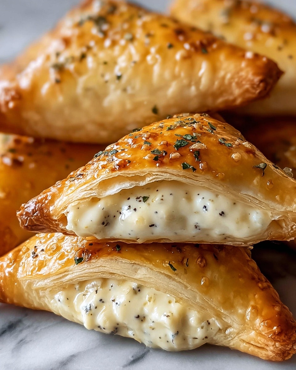 A close-up of golden brown, triangular pastries with a shiny, flaky crust sprinkled with small green herb bits. One pastry is cut open in the front, revealing a creamy, white filling with black pepper flakes and a smooth, thick texture inside. The pastries are stacked on a white marbled surface, showing their layers of toasted, slightly crisp pastry shell on the outside and soft, rich filling inside. photo taken with an iphone --ar 4:5 --v 7