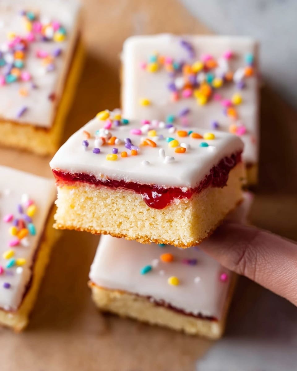 The image shows several rectangular cookies with three visible layers: a light golden-brown bottom cookie layer, a middle red jam layer, and a top white glaze layer covered with colorful sprinkles in pink, orange, yellow, purple, and blue. One cookie is held by a woman's hand on the right, showing a bite taken out that reveals all three layers clearly. The cookies are arranged on a light brown baking sheet placed over a white marbled surface. Photo taken with an iphone --ar 4:5 --v 7