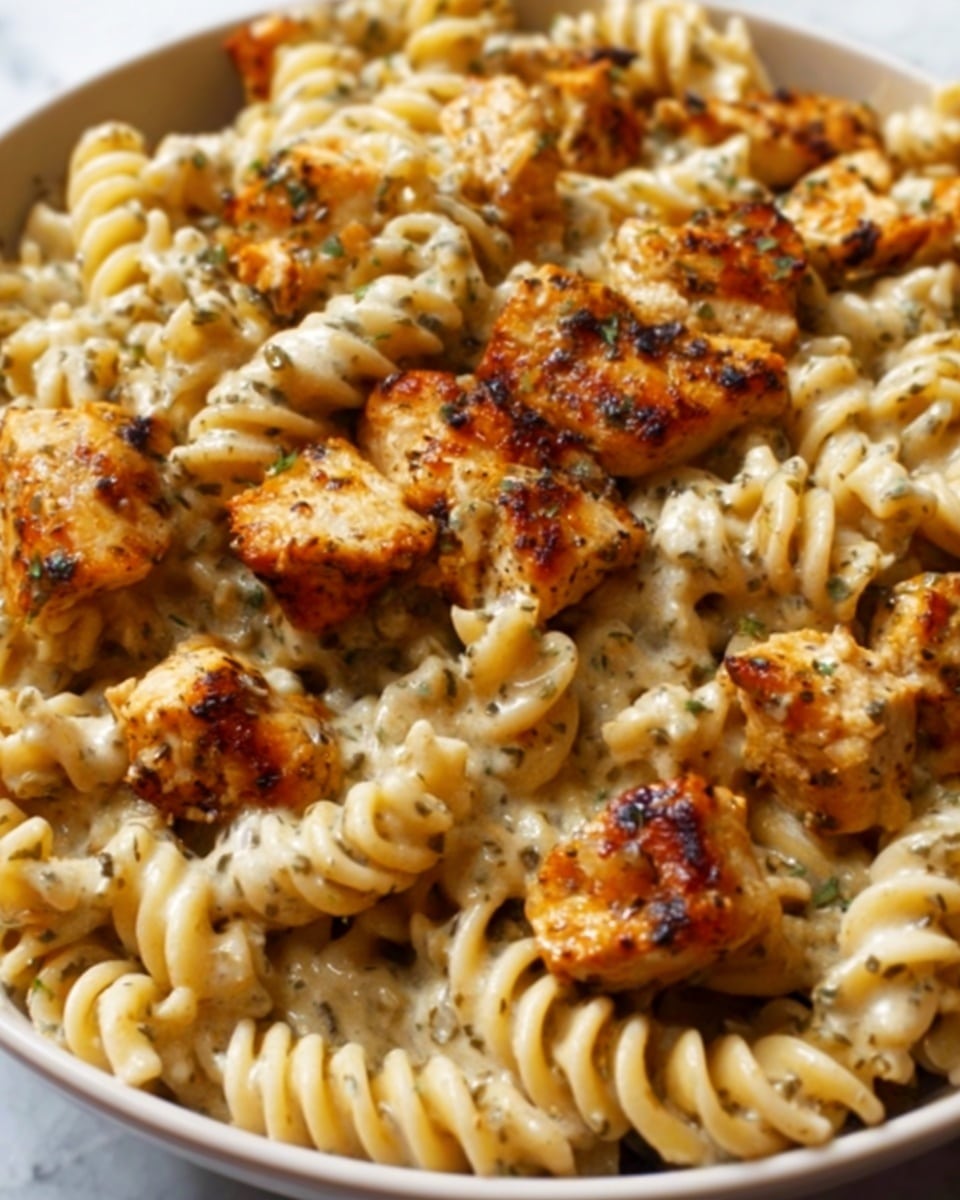 The image shows a close-up of a pasta dish featuring rotini pasta cooked to a soft texture with a creamy sauce coating each piece, giving them a light off-white color. Mixed evenly throughout the pasta are browned, grilled chicken chunks with a slightly crispy exterior, displaying golden brown and darker charred spots. Small green herb bits are scattered on the chicken and pasta, adding hints of color contrast. The dish is presented in a simple style with no visible garnishes or sides, all set against a white marbled surface. photo taken with an iphone --ar 4:5 --v 7