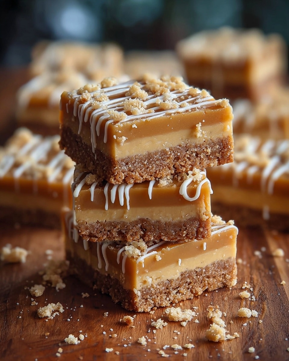 Three stacked square dessert bars with two thick layers each, the bottom layer is a crumbly, light brown crust with a grainy texture, and the top layer is a smooth, glossy caramel-colored filling. The top surface has small crumbled bits and white drizzle running down the sides slightly. Around the bars are scattered crumbs and white flakes on a wooden board, all set against a soft-focused blue and grey background replaced by a white marbled texture. photo taken with an iphone --ar 4:5 --v 7