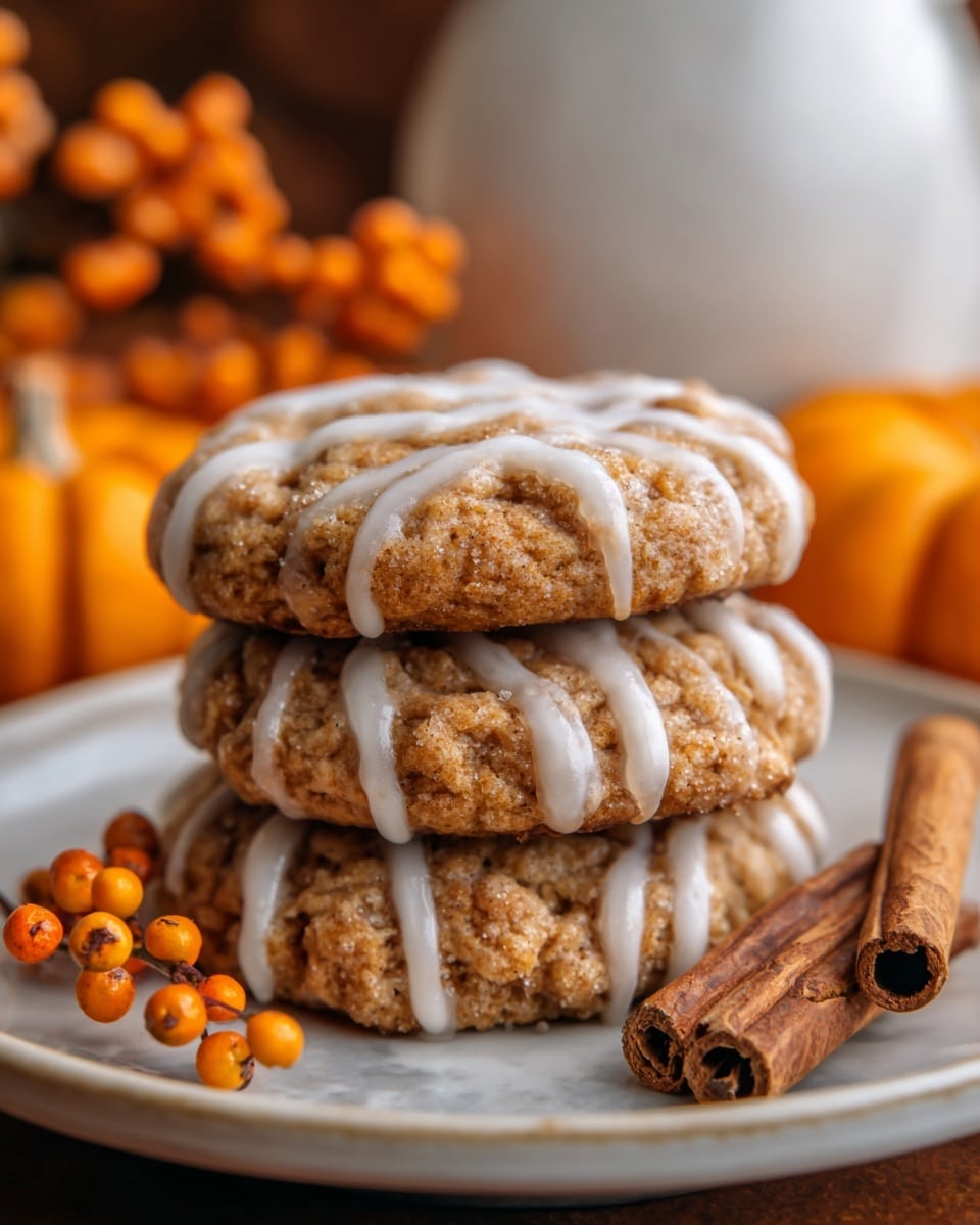 The image shows a stack of three round cookies on a white plate, each cookie has a rough, crumbly texture with a light brown color, and a white icing drizzle in a zigzag pattern on top. The cookies have a slightly cracked surface, showing a soft inside. Next to the stack, on the right side of the plate, are two cinnamon sticks that are dark brown and textured. In the background, there are blurred orange pumpkins and orange berries, creating a warm, cozy autumn feeling. The surface beneath the plate is a white marbled texture. Photo taken with an iphone --ar 4:5 --v 7