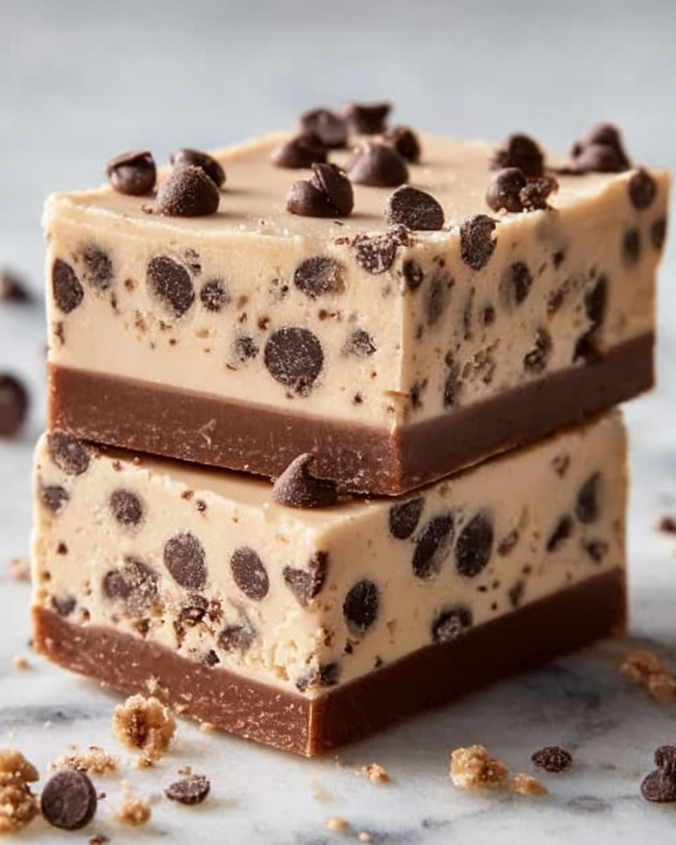 The image shows two stacked rectangular bars of chocolate chip cookie dough fudge on a white marbled surface. Each bar has three clear layers: the bottom layer is a thin, dark chocolate base, smooth and glossy; the middle layer is thick and creamy beige with dark chocolate chips evenly mixed throughout, giving it a speckled texture; the top layer is a lighter beige fudge surface adorned with scattered chocolate chips, some slightly melting into the layer. The bars have clean, sharp edges with small crumbs around them. photo taken with an iphone --ar 4:5 --v 7