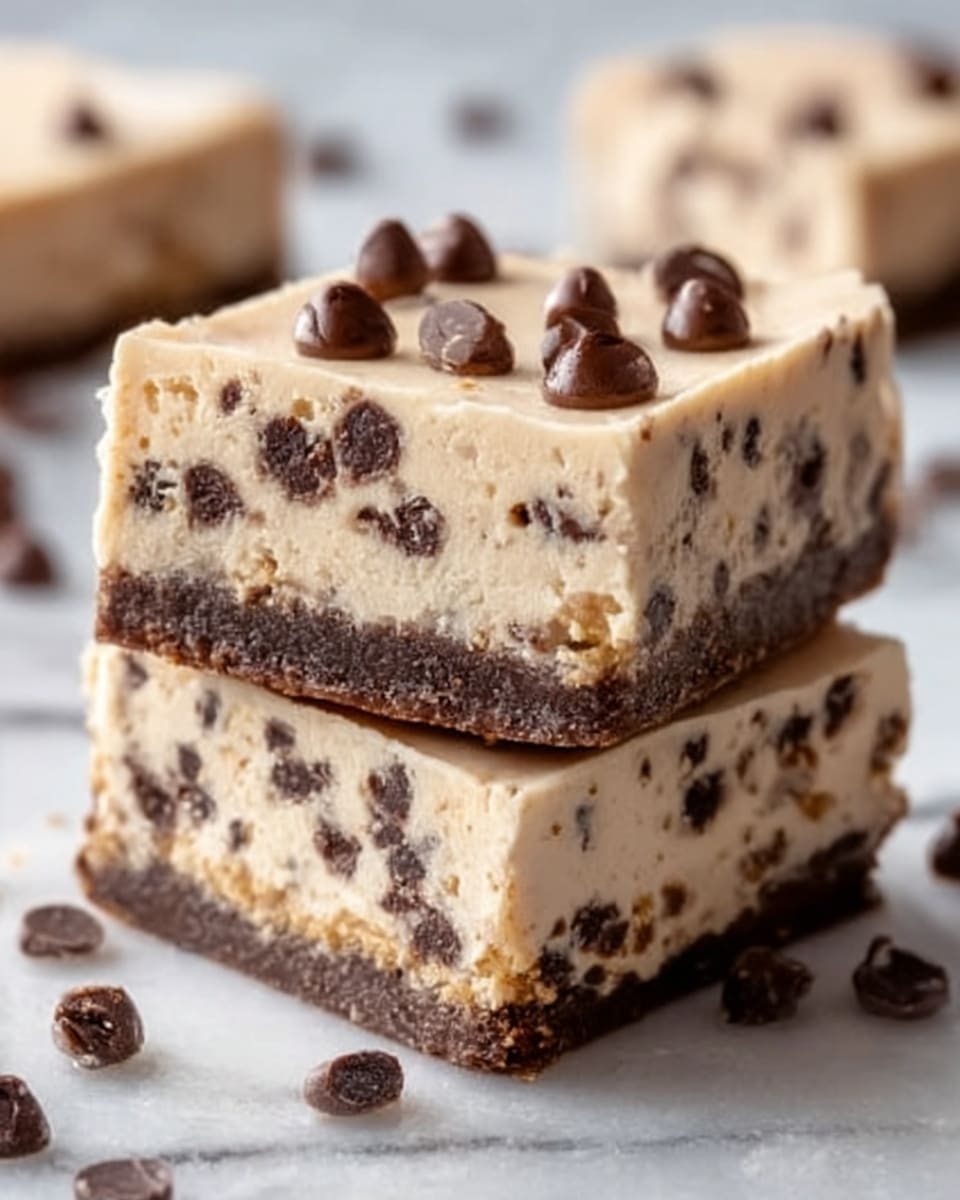 The image shows two stacked squares of a creamy beige dessert bar with dark chocolate chips mixed inside. The top layer is smooth and thick, dotted with several chocolate chips on the surface. The bottom layer is darker, almost like a chocolate crust, with a slightly crumbly texture. The bars have clean edges, and the background is a white marbled surface with scattered chocolate chips around. photo taken with an iphone --ar 4:5 --v 7