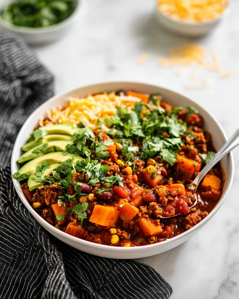 A white bowl on a white marbled surface holds a colorful chili dish with visible layers: at the bottom, a mix of cooked ground meat and beans in a rich reddish sauce with chunks of orange sweet potato and yellow corn. On top, there are fresh, bright green cilantro leaves scattered around. One side of the chili is topped with thin yellow shredded cheese and slices of light green avocado arranged neatly. A spoon scoops some of the chili, showing the chunky texture. The bowl rests on a black and white striped cloth, with a blurred green herb and small bowl of shredded cheese in the background. Photo taken with an iphone --ar 4:5 --v 7