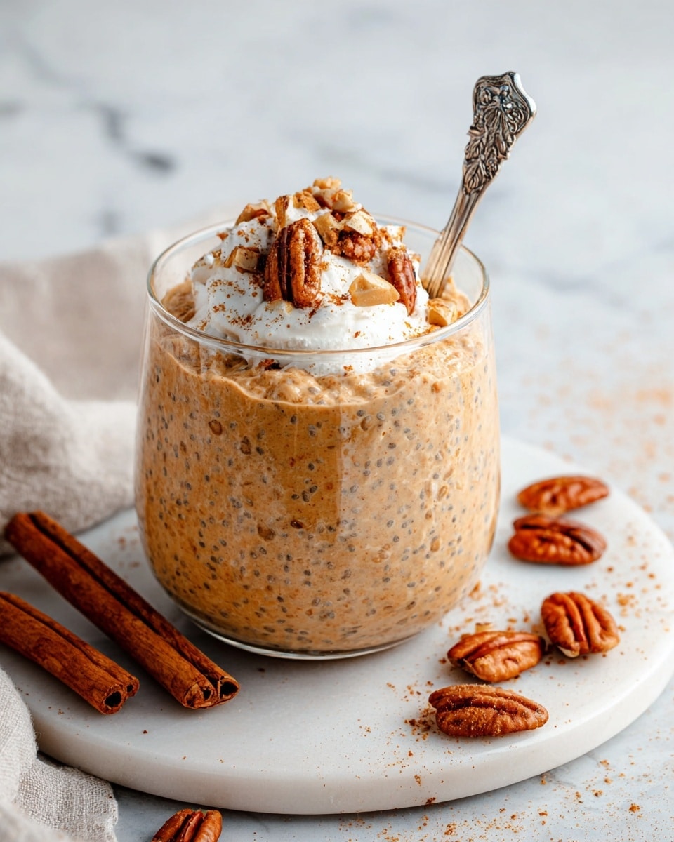 A clear glass cup filled with three visible layers: the bottom and middle layers show a creamy light orange mixture speckled with small chia seeds, while the top layer is a dollop of white whipped cream sprinkled with light brown cinnamon powder and topped with several dark brown pecan nuts. A silver spoon with ornate designs stands upright inside the cup, and the cup is placed on a round white marble surface surrounded by cinnamon sticks and scattered pecan pieces. Photo taken with an iphone --ar 4:5 --v 7