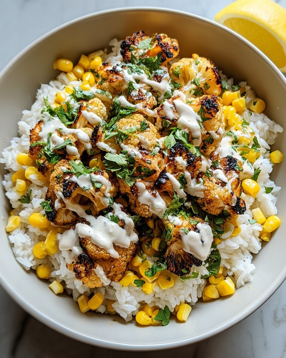 A white bowl filled with three layers: the bottom layer is white steamed rice with a soft and fluffy texture, the middle layer has bright yellow cooked corn kernels scattered around, and the top layer consists of grilled cauliflower pieces with charred marks, drizzled in a creamy white sauce and sprinkled with fresh green herbs, all set on a white marbled surface with a lemon wedge and some greens near the bowl. photo taken with an iphone --ar 4:5 --v 7