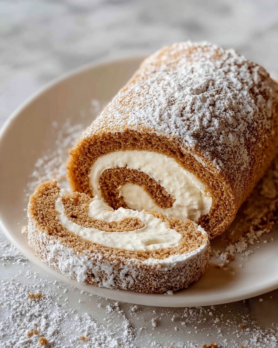 A close-up of a pumpkin roll cake on a white plate with two visible layers: the outer layer is a soft, spongy, light brown cake dusted with powdered sugar, and the inner layer is a thick, smooth, creamy white filling that is rolled in a spiral pattern. The cake roll rests on a beige cloth with some powdered sugar scattered around. A knife is placed next to the cake roll, partially visible. The background is a white marbled texture. photo taken with an iphone --ar 4:5 --v 7