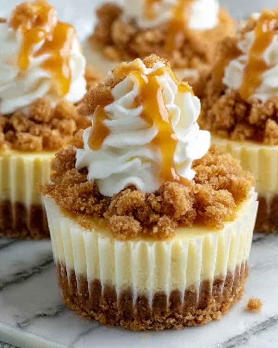 The image shows a close-up of a small cheesecake with three visible layers arranged inside a white cupcake liner. The bottom layer is a crumbly brown crust made of crushed cookies or graham crackers. The middle layer is creamy and smooth pale yellow cheesecake filling, thick and firm. The top layer is a crumbly golden-brown streusel topping, adding a rough texture. On top, there is a swirl of white whipped cream, drizzled with a light caramel sauce that drips slightly down the edges. The cheesecakes are placed on a white marbled surface. photo taken with an iphone --ar 4:5 --v 7