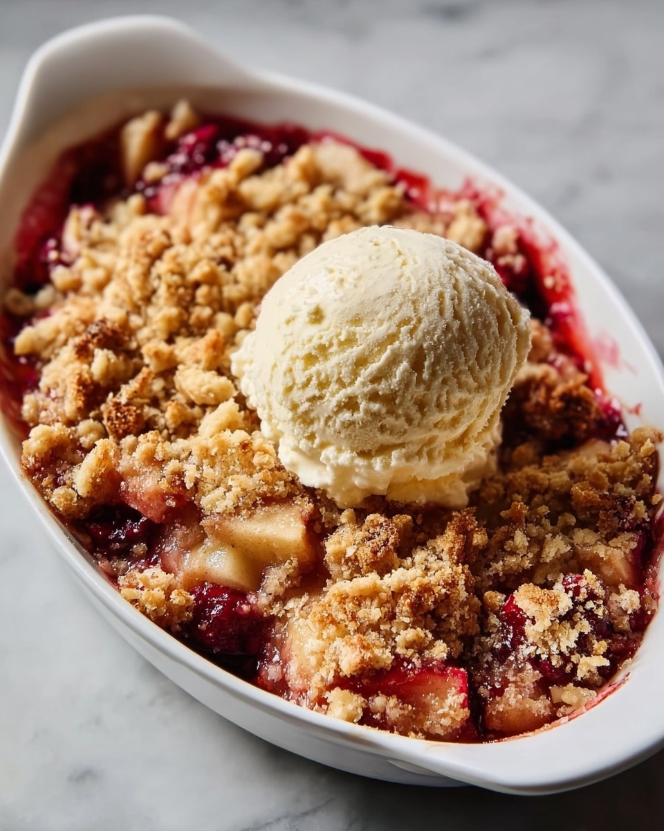 This dish is served in a white oval baking dish sitting on a white marbled surface. The bottom layer is a mix of soft, juicy fruit pieces in red and pale yellow colors, likely berries and apples, with syrupy juices creating a shiny texture. On top, there is a thick, crumbly golden-brown streusel layer, crunchy and slightly uneven in shape, spread across the whole dish. Centered on the topping is a single large scoop of smooth, creamy vanilla ice cream that melts slightly around the edges, adding a soft texture contrast to the crumble. Photo taken with an iphone --ar 4:5 --v 7