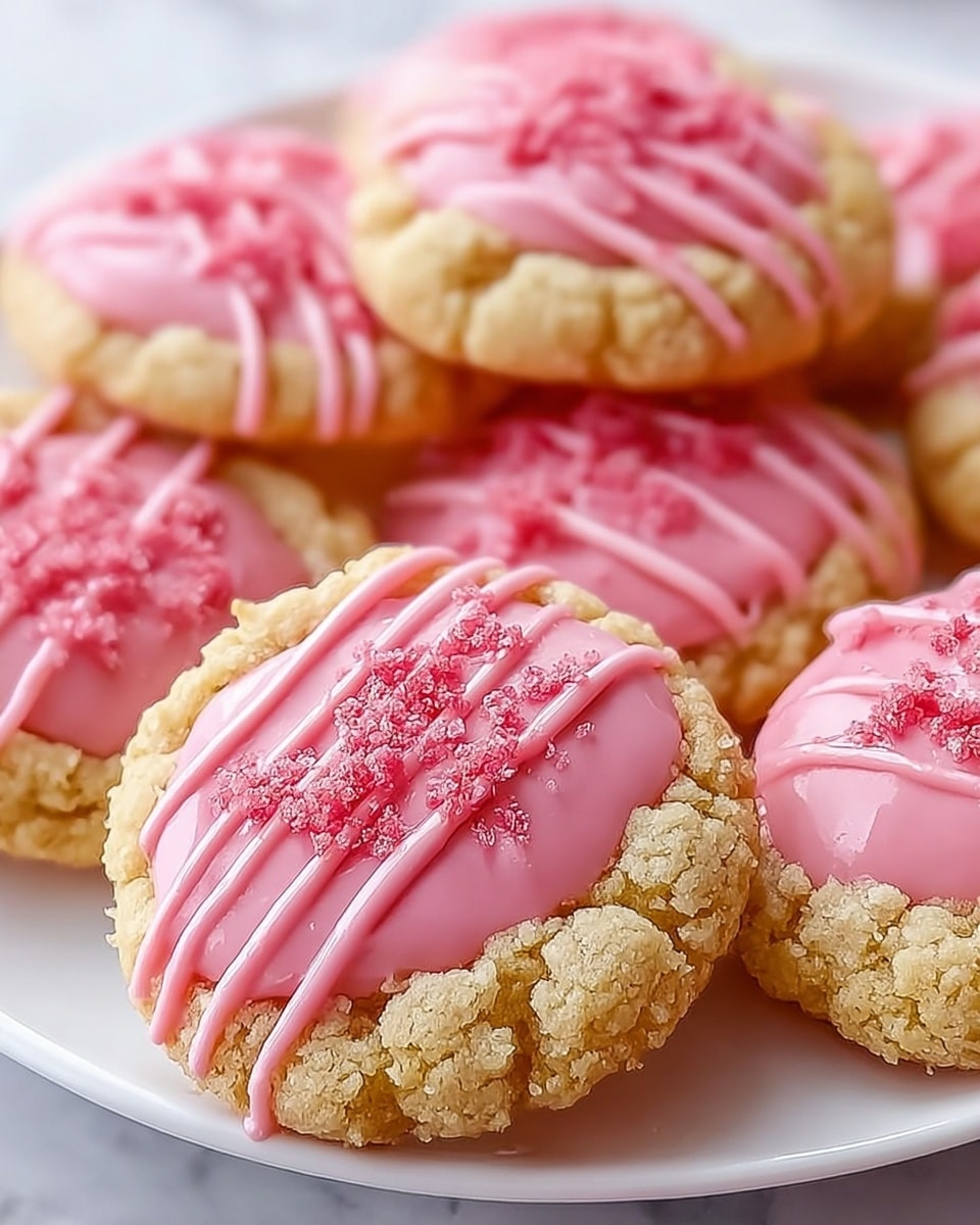 A round cookie with a light golden crumbly base layer, topped with a shiny red jam layer spread evenly in the middle, covered by some crumbly bits scattered on top, and finished with pink icing drizzled in thick, wavy lines across the top. The cookies are arranged closely together on a white plate set on a white marbled textured surface. Photo taken with an iphone --ar 4:5 --v 7