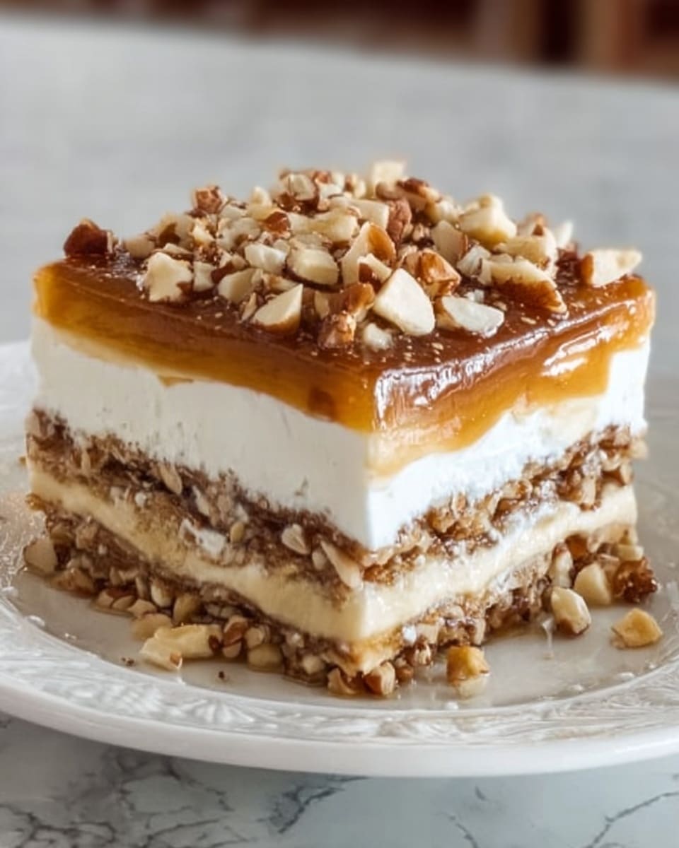 The image shows a square slice of a layered dessert on a plain white plate, placed on a white marbled surface. The bottom layer is a dense, nut-filled base with a rough texture and brown color. Above it is a thick, smooth white cream layer, topped by another thin brown layer similar to the base but less dense. This is followed by a second thick white cream layer, which looks fluffy and soft. The dessert is topped with a golden caramel-like layer and sprinkled with chopped nuts, adding a crunchy texture on top. The layers are thick and distinct, showing a mix of smooth and crunchy textures. Photo taken with an iphone --ar 4:5 --v 7