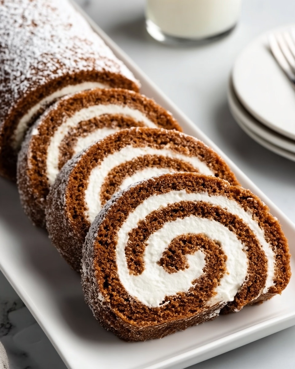 A close-up view of a pumpkin roll sliced into even pieces on a long white rectangular plate. The roll has a soft, brown sponge cake with a smooth, creamy white swirl filling inside, visible in four spiral slices and one piece still uncut on one side. The cake’s surface has a light dusting of powdered sugar, adding a delicate texture on top. In the background, there is another slice of the roll on a white plate with a visible swirl, and a glass of milk is softly blurred behind, all set on a white marbled surface. photo taken with an iphone --ar 4:5 --v 7