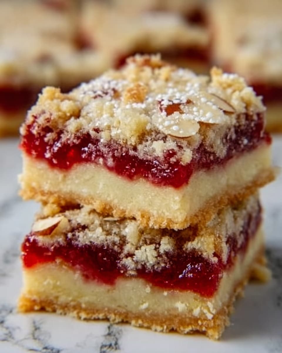 The image shows two square pieces of a layered dessert on a white marbled surface. Each piece has three layers: the bottom layer is a thick, light golden-yellow cake with a soft texture; the middle layer is a bright red, glossy fruit jam that looks smooth and slightly sticky; the top layer is a crumbly, light golden streusel sprinkled with sliced almonds that add texture and a touch of light brown color. The pieces are stacked, with one piece leaning slightly on the other, showing the layers clearly. Photo taken with an iphone --ar 4:5 --v 7
