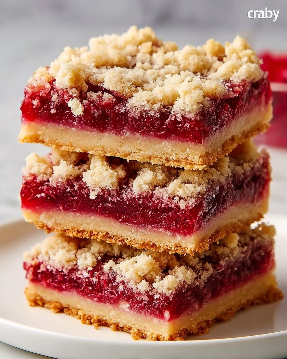 The image shows three square dessert bars stacked on top of each other. Each bar has three clear layers: the bottom layer is a light golden-brown crust with a smooth texture, the middle layer is a thick, bright red fruit filling with a slightly glossy and juicy look, and the top layer is a crumbly, pale beige streusel topping sprinkled unevenly. The bars are placed on a white plate, set on a white marbled surface, and the background is softly blurred with hints of pink and green. Photo taken with an iphone --ar 4:5 --v 7