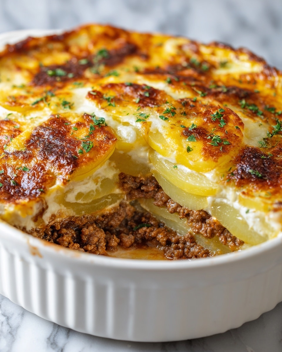A baked dish in a white round deep dish shows three visible layers: the bottom layer is browned ground meat with a slightly coarse texture, above that is a layer of sliced potatoes in a pale yellow color, and the top layer is melted golden-yellow cheese with golden-brown spots and a bubbly, slightly crispy texture. Small green herb leaves are sprinkled over the top. The top edge of the cut section shows the cheesy layer melting slightly over the potato and meat layers underneath. The dish sits on a white marbled surface with a blurred fabric in the background. photo taken with an iphone --ar 4:5 --v 7
