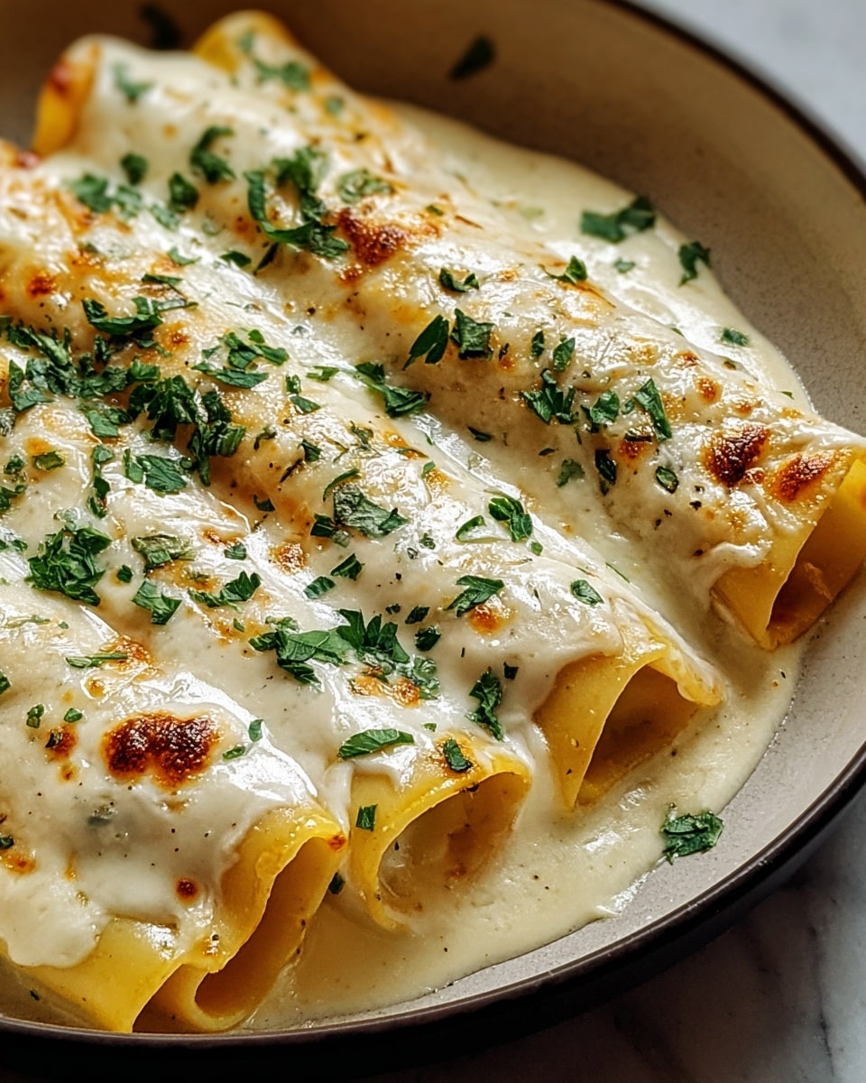 A close-up of four rolled yellow pasta tubes laid side by side inside a round white plate, each tube covered with a smooth, creamy white cheese sauce that has small browned spots from baking. The cheese sauce flows around the base of the pasta and is speckled with fresh green herbs scattered evenly on top for contrast. The surface below the plate shows a white marbled texture out of focus. photo taken with an iphone --ar 4:5 --v 7