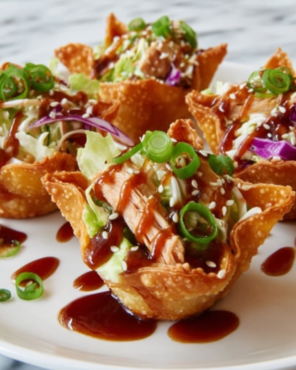 The image shows three crispy, golden fried wonton shells shaped like small cups, each filled with colorful, fresh salad ingredients. The bottom layer inside the shells is shredded purple cabbage with green lettuce on top. There are thin, light brown pieces of grilled chicken placed over the salad. The entire dish is drizzled with a shiny, dark brown sauce and sprinkled with white sesame seeds and chopped green onions. The wonton cups sit on a white plate placed on a white marbled surface. Photo taken with an iphone --ar 4:5 --v 7