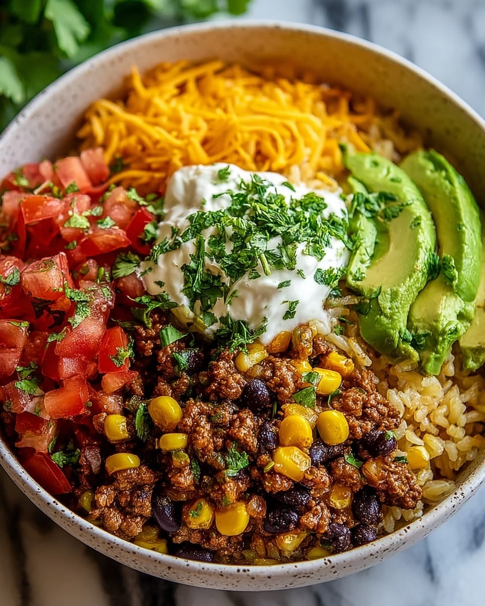 A close-up view of a bowl filled with several colorful layers of food. The bottom layer is yellow rice mixed with black beans and small pieces of corn. On top of this is a layer of cooked ground meat with some small diced green peppers. Next, there is a pile of bright red diced tomatoes, followed by a large dollop of white sour cream placed in the center. The sour cream is sprinkled with chopped green herbs. To the right side of the bowl, there are slices of fresh green avocado neatly placed. The bowl is white and sits on a white marbled surface, with a blurred bowl of green guacamole in the background. photo taken with an iphone --ar 4:5 --v 7