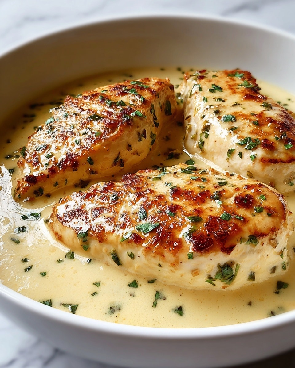 The image shows three pieces of cooked chicken breast in a shallow white bowl. Each chicken piece has a golden-brown crust on top with some spots darker than others, showing a nice sear. The chicken pieces are covered with a creamy light beige sauce that pools in the bowl. Small green herb pieces are sprinkled on top of the chicken and scattered in the sauce around them. The background surface is a white marbled texture. photo taken with an iphone --ar 4:5 --v 7