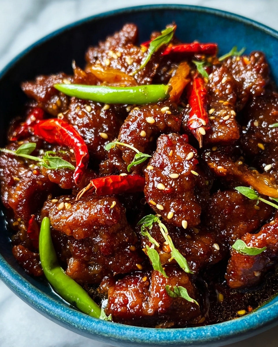 A close-up view of a blue bowl filled with glossy, dark brown pieces of meat coated in a thick sauce, mixed with bright red dried chili peppers and fresh green chili slices. The meat looks tender and slightly crispy at the edges, with sesame seeds sprinkled over the top and small green herb leaves adding a touch of freshness. The bowl sits on a white marbled surface, highlighting the rich colors and textures of the dish. photo taken with an iphone --ar 4:5 --v 7