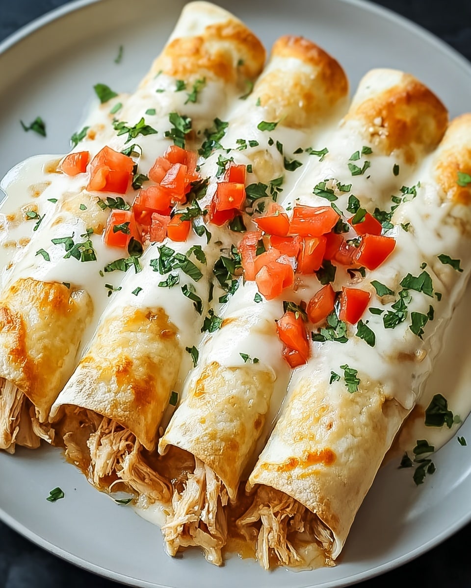 Four rolled tortillas filled with shredded chicken are laid side by side on a white plate. Each tortilla is golden brown with a slightly crispy texture. On top, there is a generous layer of melted white cheese sauce with some reddish-orange sauce peeking through the edges. Small diced red tomatoes and chopped fresh green herbs are scattered over the cheese, adding bright color and freshness to the dish. The plate is set on a white marbled surface. photo taken with an iphone --ar 4:5 --v 7
