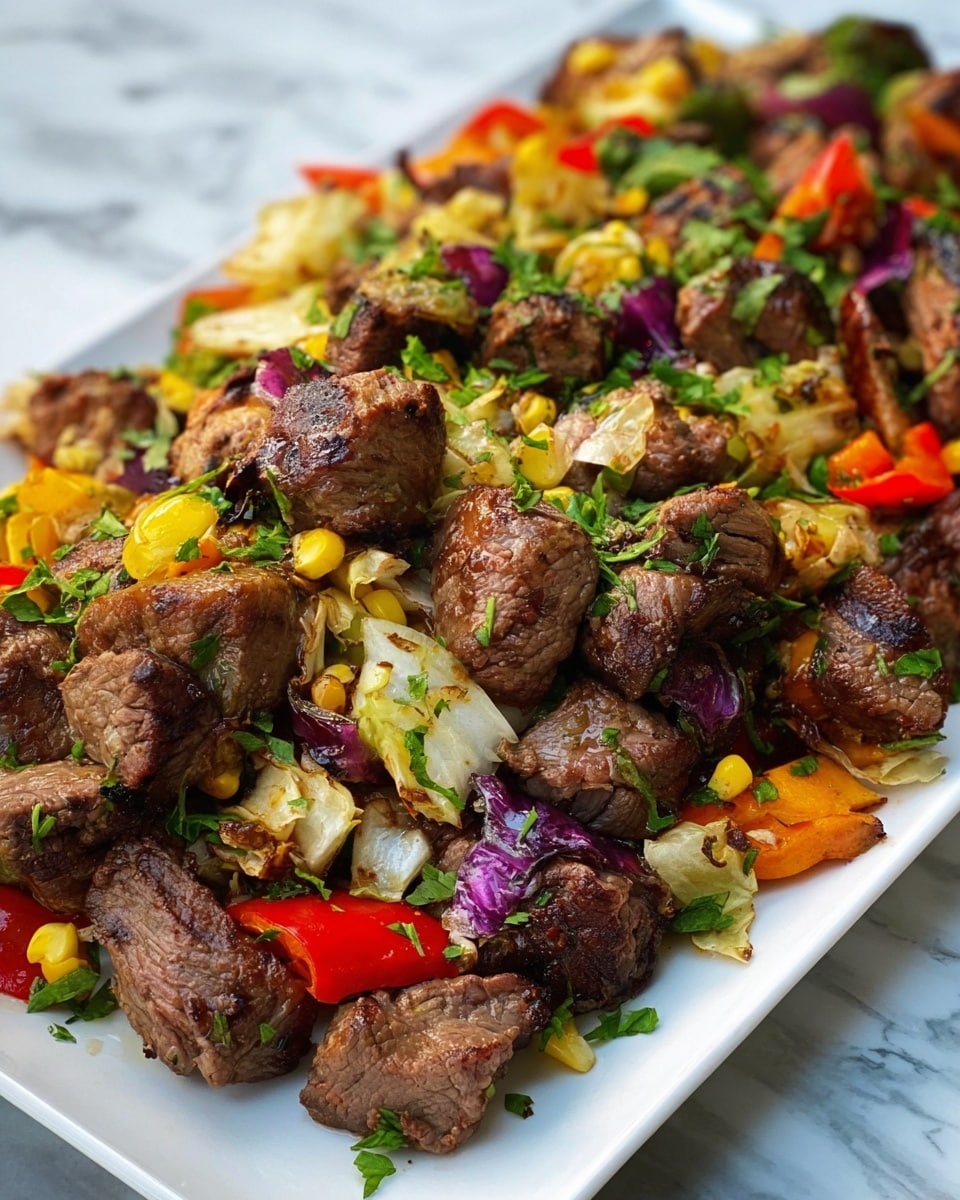 The image shows a close-up of a white rectangular plate full of grilled pieces of beef, mixed with chopped vegetables including cabbage, red and yellow bell peppers, and corn kernels. The beef chunks are brown with grilled marks, some showing a pink inside, and are spread unevenly over the plate. The vegetables add bright splashes of green, yellow, orange, and red around the meat, with green herbs sprinkled on top. The plate is placed on a white marbled surface that contrasts with the colorful food. photo taken with an iphone --ar 4:5 --v 7