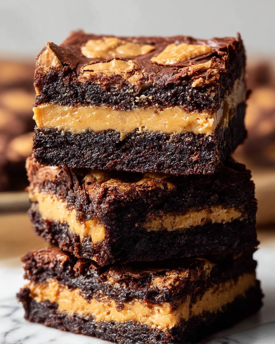 The image shows a close-up view of a stack of three rich chocolate peanut butter layered brownies on a white marbled surface. Each brownie has three layers: the bottom and top layers are dark, dense, and moist chocolate cake with a slightly crumbly texture; the middle layer consists of creamy, smooth, golden peanut butter spread evenly between the chocolate layers. The top layer of each brownie has cracked pieces of peanut butter, which add a crunchy texture and a contrast of light brown color against the dark chocolate. The brownies look thick and fudgy, with distinct layers clearly visible. photo taken with an iphone --ar 4:5 --v 7