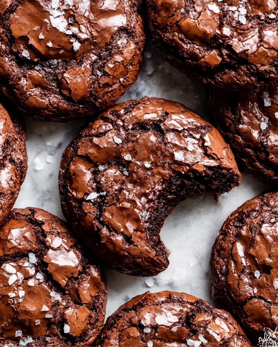 A close-up view of several rich chocolate cookies with cracked, glossy tops scattered closely together, each cookie showing a dark brown, fudgy texture beneath the shiny surface. The cookies have an uneven, slightly rough outer layer, with some sprinkled with coarse white sea salt, adding texture contrast. One cookie in the center has a bite taken out of it, revealing a soft, dense, and gooey inside with a deep dark chocolate color. The cookies rest on a white marbled textured surface. photo taken with an iphone --ar 4:5 --v 7