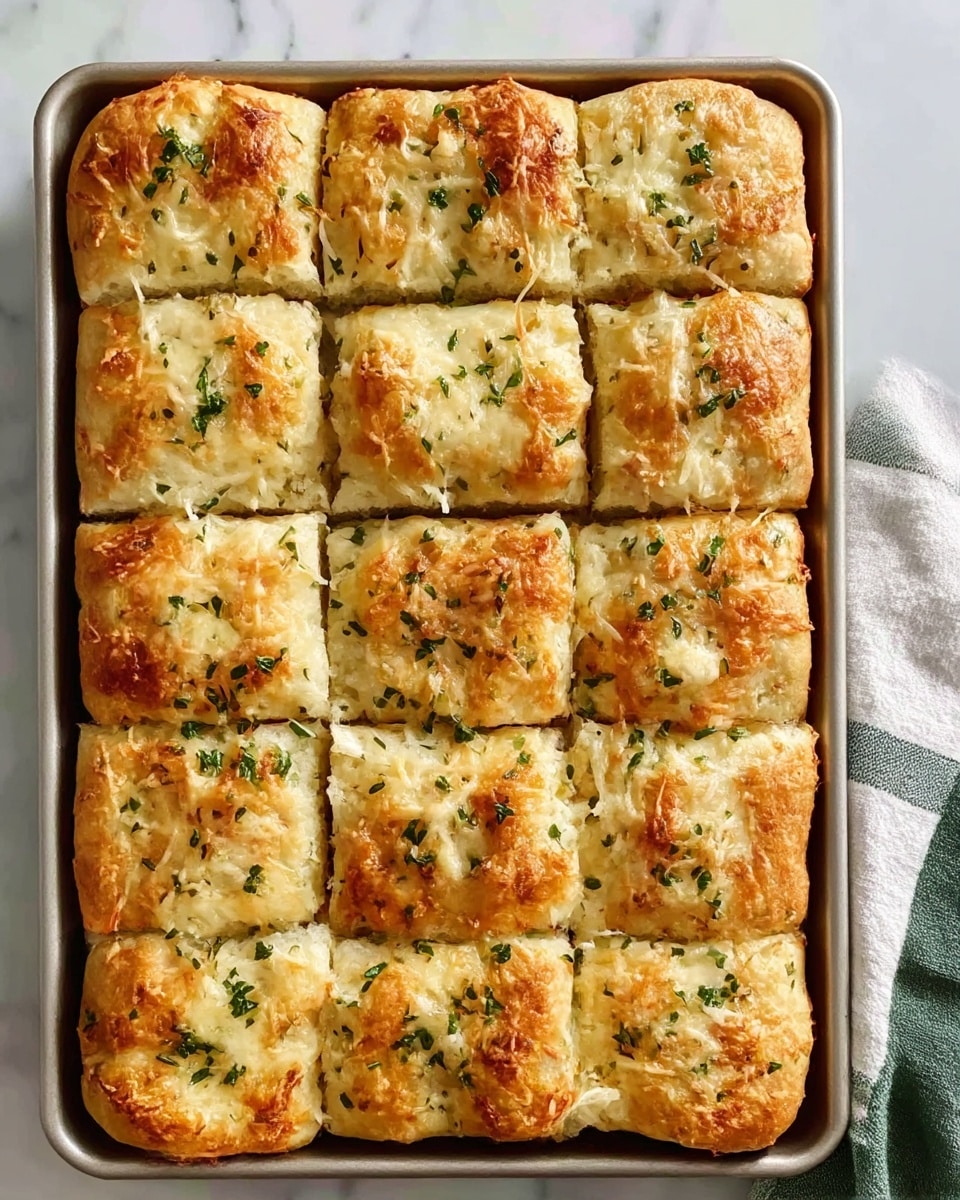 The image shows a metal baking tray filled with twelve square pieces of golden brown garlic bread. Each piece has a slightly crispy, toasted top layer with melted cheese scattered unevenly. Small bits of green herbs are sprinkled on the top, adding a fresh look. The bread inside looks soft and fluffy, while the edges are a bit darker and crunchier. The tray is placed on a white marbled surface with some kitchen cloths nearby. photo taken with an iphone --ar 4:5 --v 7