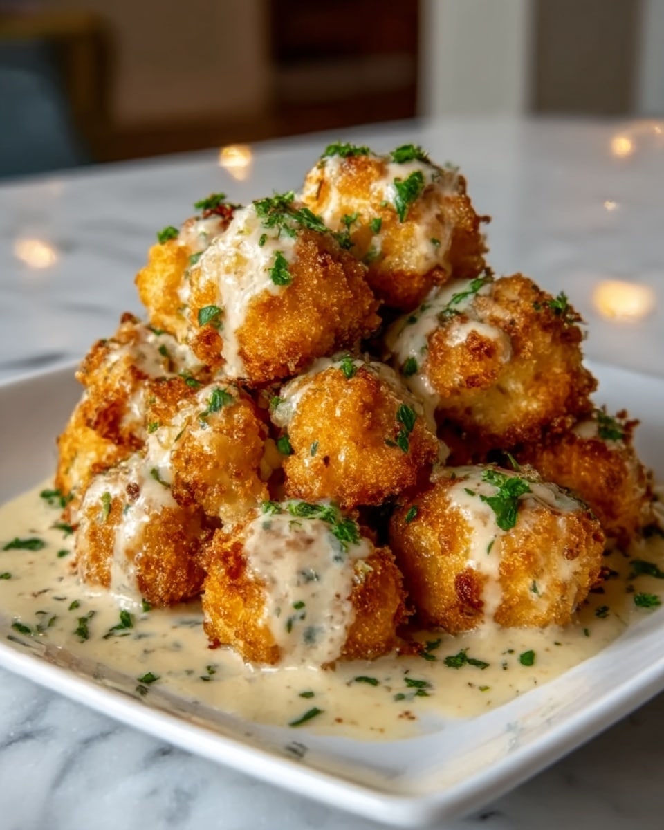 A white square plate holds a pile of golden-brown fried cauliflower pieces with a crispy texture. The cauliflower is covered with a creamy white sauce that drips slightly down the sides, giving a rich, smooth contrast to the crunchy fried coating. Small green herb bits are sprinkled evenly over the sauce, adding color and freshness to the dish. The plate is placed on a white marbled surface, with a blurred background suggesting a cozy indoor setting. Photo taken with an iphone --ar 4:5 --v 7