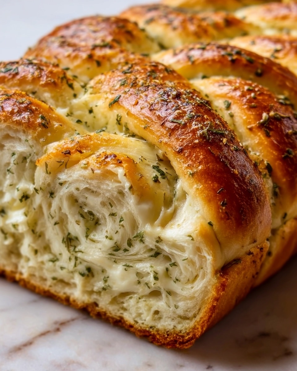 The image shows a close-up of a baked bread made of several braided layers, each layer golden brown on the outside with a soft, creamy white inside filled with green herbs. The bread has a shiny, slightly crispy texture on the top where herbs and spices are sprinkled evenly across the surface, creating a speckled pattern. The soft inside looks fluffy and moist, with herbs spread throughout in thin swirls. The bread is placed on a white marbled surface. photo taken with an iphone --ar 4:5 --v 7