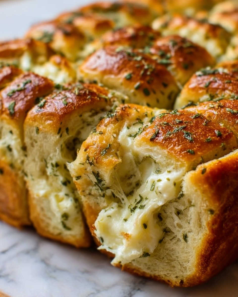 The image shows a close-up of a freshly baked pull-apart bread with a golden brown crust. The bread is made in many layers, each soft and fluffy inside with white cream cheese filling mixed with green herbs, making a marbled look inside. The crust on top is slightly shiny, with small specks of herbs scattered all over it, adding texture and color contrast. The bread pieces are pulled apart just enough to show the creamy filling and soft dough inside. The background is a white marbled texture. photo taken with an iphone --ar 4:5 --v 7