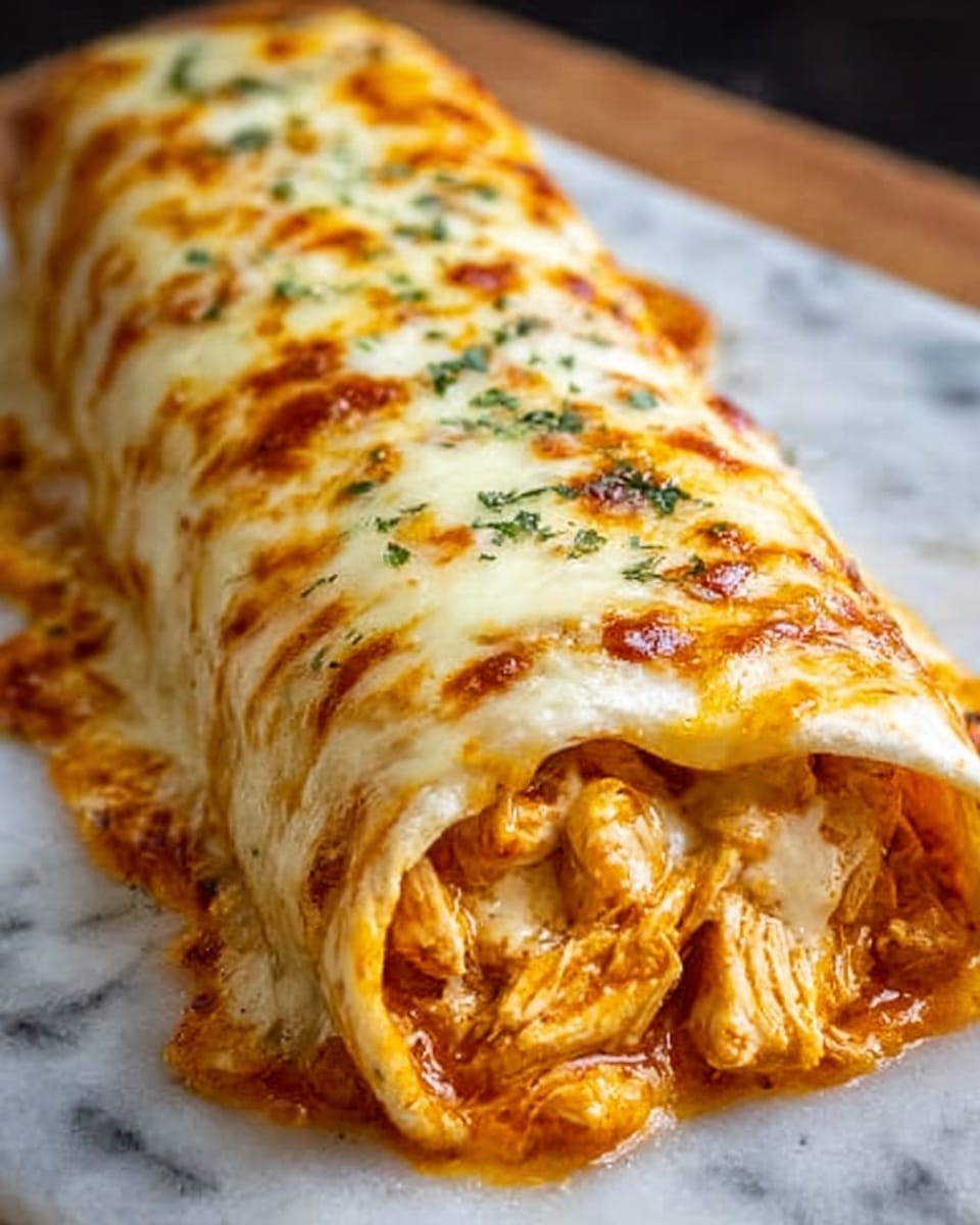 A close-up image of a single long, thick rolled tortilla filled with shredded, saucy chicken in an orange sauce. The tortilla is covered by a thick layer of melted cheese that is slightly browned on top and stretches around the sides, showing the inside filling at one end. The surface beneath the dish is a white marbled texture, and the whole dish looks hot and fresh. Photo taken with an iphone --ar 4:5 --v 7