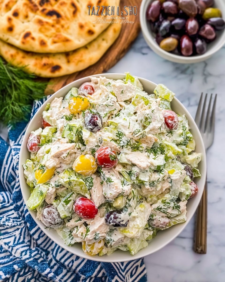 The image shows a white bowl full of tzatziki chicken salad that has several visible layers and colors. The base layer consists of creamy white dressing mixed with chopped pieces of chicken, light green lettuce, and bright yellow pepper slices. Within the salad, you can see scattered red cherry tomato halves and small black olives adding pops of color. The texture looks creamy and chunky, with fresh herbs sprinkled throughout. The bowl is placed on a white marbled surface, with two round flatbreads with golden brown toasted spots in the background and a smaller white bowl filled with black olives nearby. A silver fork rests next to the large bowl, and a blue and white striped towel towel is partially visible. The whole scene has a fresh, inviting look. Photo taken with an iphone --ar 4:5 --v 7