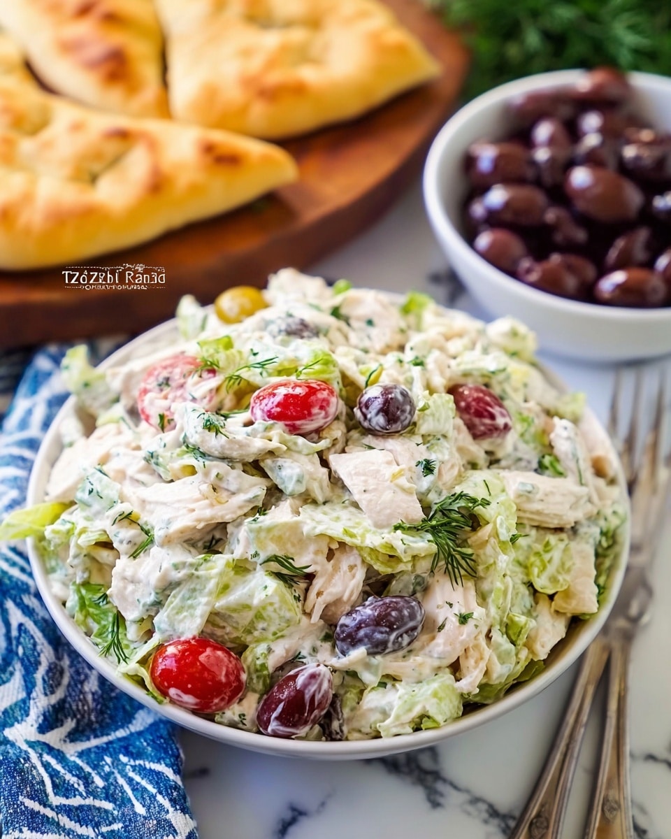 A close-up shot of a white bowl filled with tzatziki chicken salad that has a creamy texture mixed with chopped ingredients, including light green lettuce, bright red cherry tomatoes, dark black olives, and small pieces of chicken. The salad shows different colors and bits of fresh herbs. The bowl sits on a white marbled surface with a blurred background featuring two pieces of golden-brown flatbread on a wooden board and another white bowl filled with shiny black olives. A silver fork lies next to the salad bowl, and a blue and white striped cloth is partially visible in the background. Photo taken with an iphone --ar 4:5 --v 7