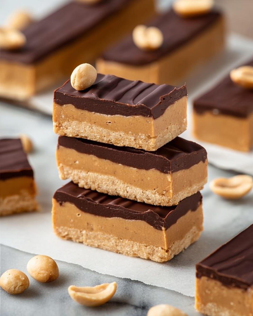 The image shows several rectangular peanut butter and chocolate bars stacked and placed on a white marbled surface. Each bar has three distinct layers: the bottom layer is smooth, dark brown chocolate, the middle layer is thick, light tan peanut butter with a slightly crumbly texture, and the top layer is a glossy dark brown chocolate with visible texture lines. In the background, more bars are visible, some topped with a single halved peanut. Several halved and whole peanuts are scattered around the bars in the foreground. photo taken with an iphone --ar 4:5 --v 7