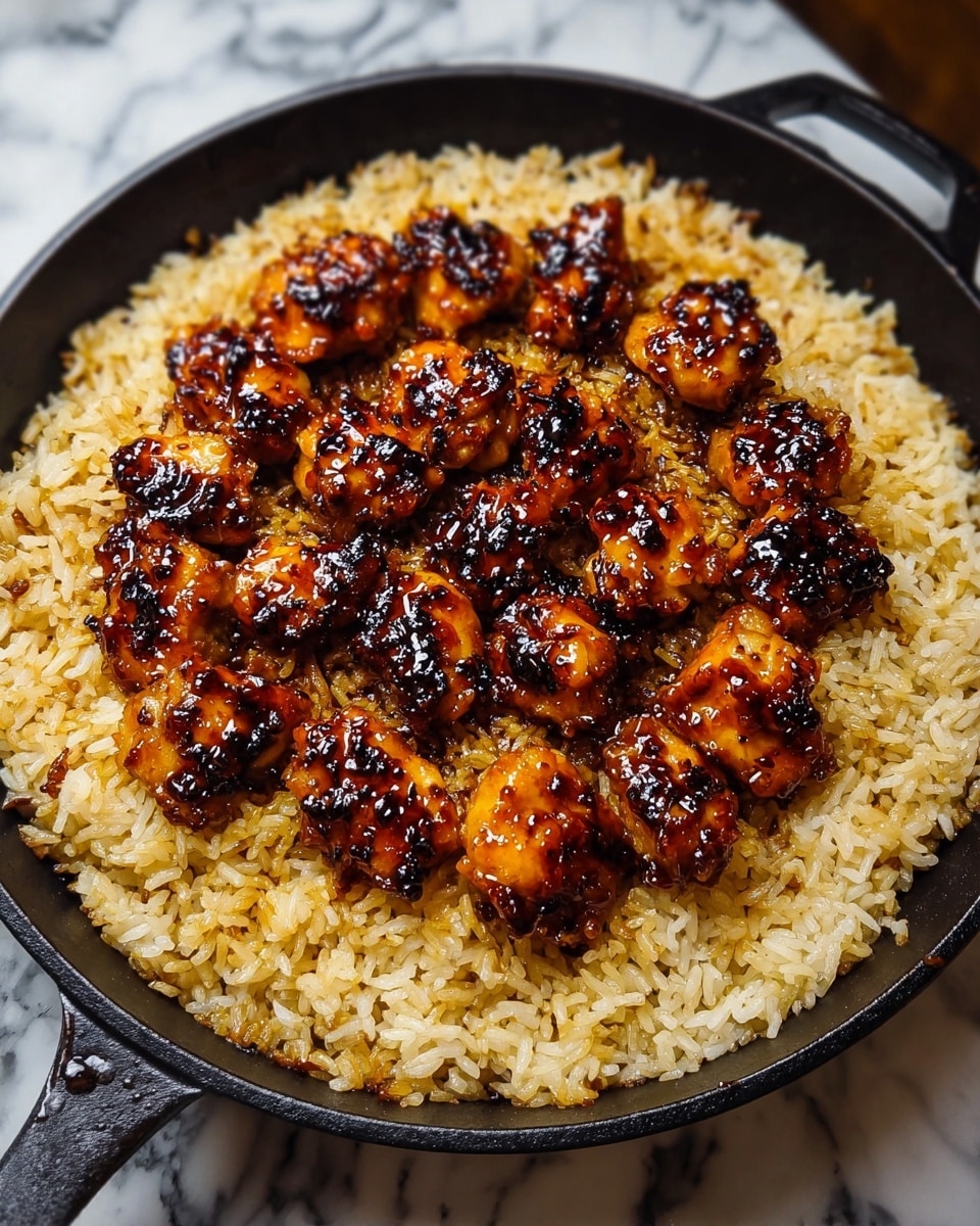 A black pan holds a dish with two layers: the bottom layer is golden brown cooked rice with a slightly oily and soft texture, evenly spread across the pan, while the top layer consists of small, glossy, dark orange glazed chicken pieces with charred black spots, arranged close together in the center of the rice. The pan sits on a white marbled surface. photo taken with an iphone --ar 4:5 --v 7