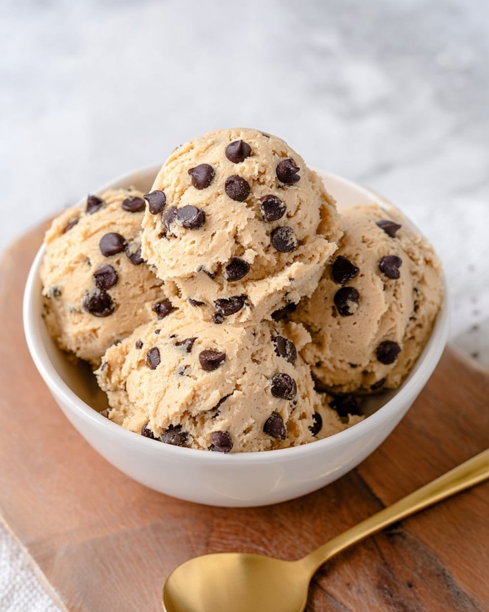 A white bowl filled with four large scoops of chunky, light tan cookie dough, each scoop dotted with many dark chocolate chips. The dough looks soft and slightly crumbly with a rough texture, and the chocolate chips stand out clearly against the pale dough. The bowl sits on a wooden surface with a white marbled texture background. A golden spoon is placed nearby. photo taken with an iphone --ar 4:5 --v 7