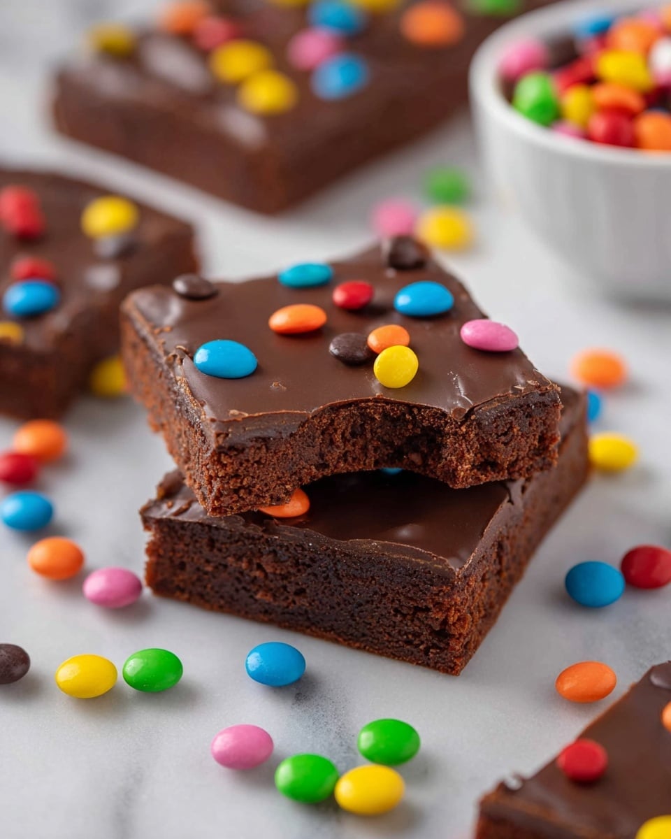 The image shows two stacked square chocolate brownies with a glossy, smooth dark chocolate layer on top, decorated with small, bright candy pieces in red, yellow, blue, green, orange, and pink colors scattered across the surface. The top brownie has a small bite taken out of its corner, revealing a dense, moist, and slightly crumbly dark brown interior. Surrounding the brownies are more colorful candies spread on a white marbled textured surface. In the background, there are more brownies and a white bowl filled with the same colorful candies. photo taken with an iphone --ar 4:5 --v 7