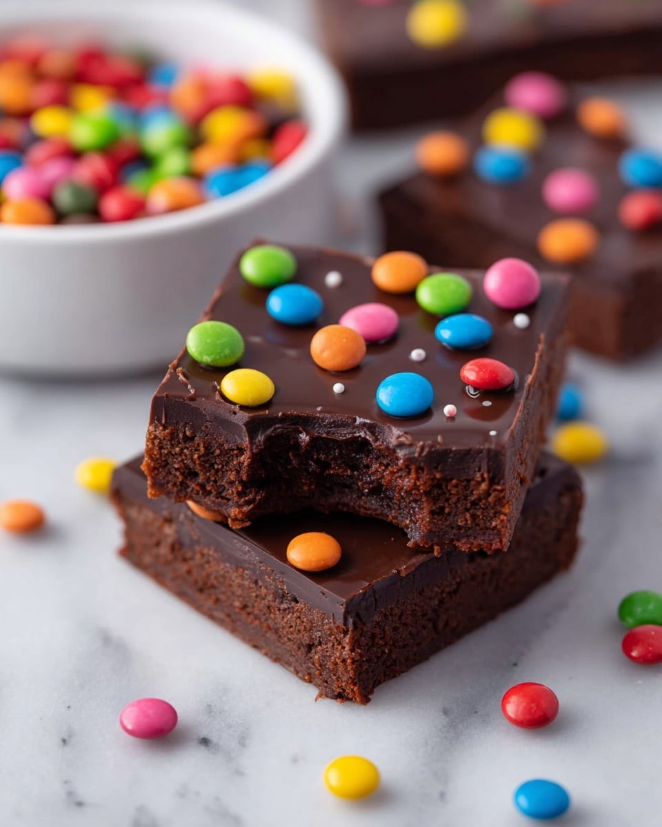 The image shows two stacked rectangular chocolate brownies, each with a smooth, shiny dark chocolate layer on top covered with small, round colorful candy pieces in red, yellow, blue, green, pink, and orange. The top brownie has a bite taken out of one corner, revealing a dense and moist chocolate texture beneath the glossy chocolate layer. Around the brownies, there are scattered candy pieces matching the ones on top. In the background, there is a white bowl filled with the same colorful candies, all set on a white marbled surface. photo taken with an iphone --ar 4:5 --v 7