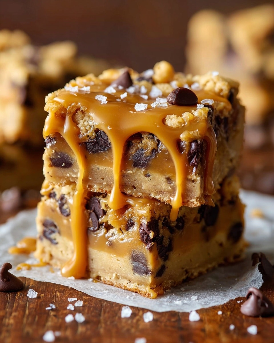 A close-up of a thick square dessert bar with three layers: a dense light brown cookie dough base with visible chocolate chips, a middle layer with a creamy caramel texture mixed with chocolate chips, and a top layer of crumbly cookie dough with more chocolate chips. The whole bar is drizzled with smooth golden caramel sauce that flows down the sides, sprinkled with coarse white sea salt flakes, and placed on a piece of parchment paper on a wooden surface with small crumbs scattered around. photo taken with an iphone --ar 4:5 --v 7