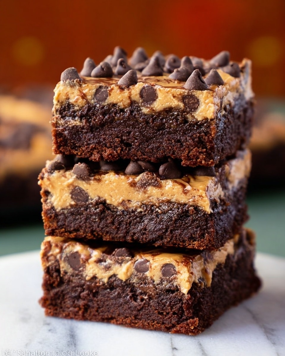 Three square brownies are stacked on top of each other on a white marbled texture. Each brownie has two visible layers: a thick, dark brown fluffy chocolate base with a slightly crumbly texture, and a top layer of creamy light brown peanut butter spread with many dark chocolate chips scattered evenly over it. The edges of the brownies are clean cut, showing the moist inside clearly. The background is softly blurred with warm tones, emphasizing the rich texture and colors of the brownies. photo taken with an iphone --ar 4:5 --v 7
