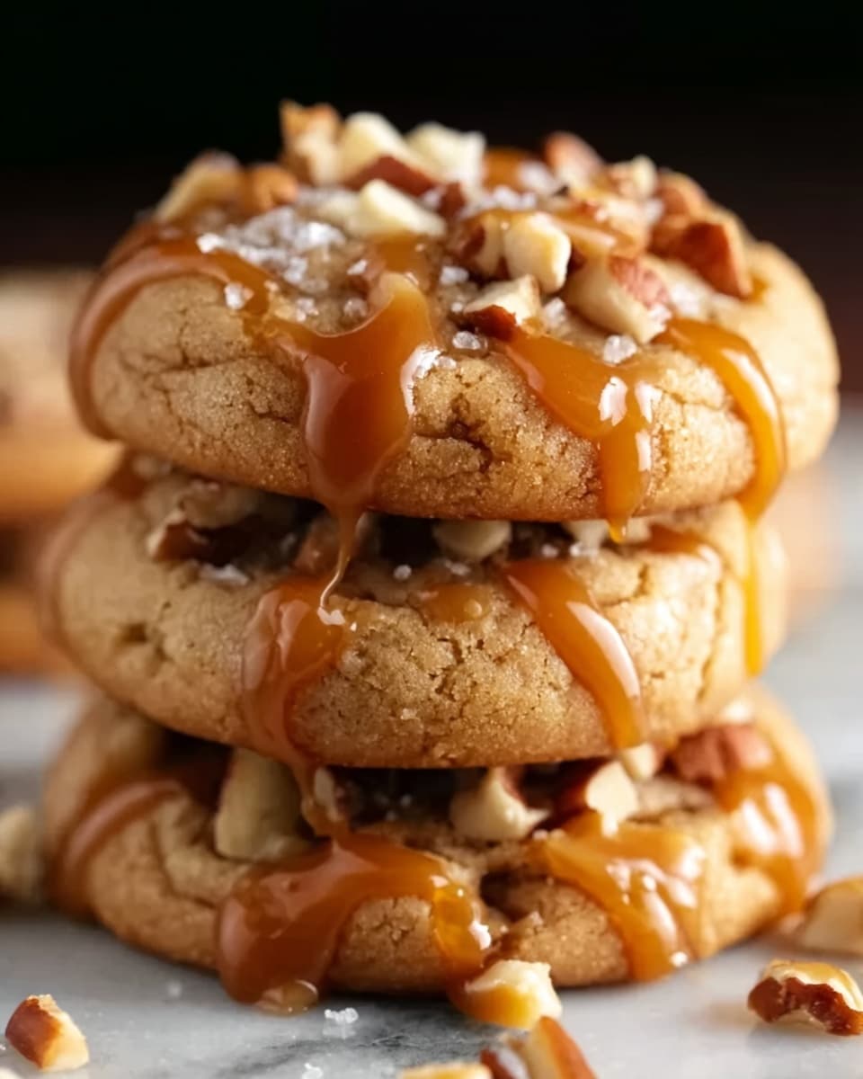 The image shows a stack of three round cookies on a white marbled surface. Each cookie is golden brown with a slightly cracked texture on top. The cookies are topped with small pieces of nuts scattered evenly and drizzled with shiny caramel sauce that drips slightly down the sides. The caramel adds a rich amber color that contrasts with the light cookie base. The focus is close-up, highlighting the texture and details of the toppings. Photo taken with an iphone --ar 4:5 --v 7