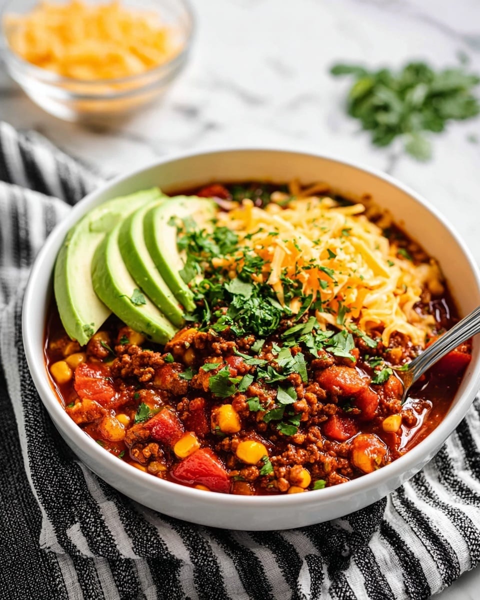 A white bowl holds a colorful chili dish with visible layers: the bottom is a thick mixture of ground meat, corn kernels, and diced tomatoes in a rich red sauce, topped with bright green chopped cilantro scattered across. On one side of the bowl, there are several slices of light green avocado fanned out neatly. Over the avocado and chili, there is a generous layer of shredded yellow cheese. A silver spoon scooping some of the chili is placed inside the bowl. The bowl sits on a black and white striped cloth, with a white marbled surface underneath. In the blurred background, a small glass bowl of shredded cheese and a green herb can be seen. Photo taken with an iphone --ar 4:5 --v 7