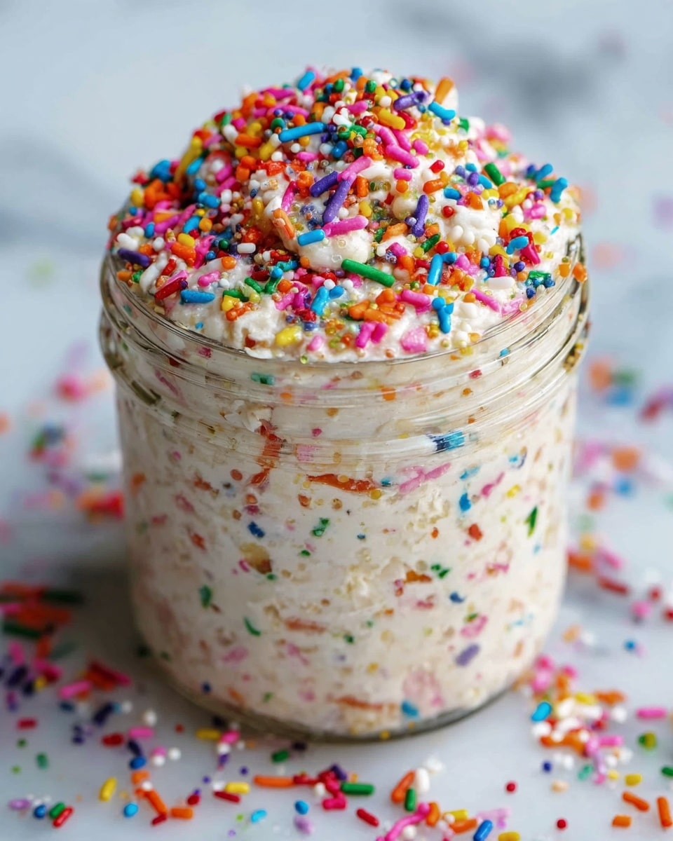 A clear glass jar filled with a creamy mixture that has small colorful sprinkles mixed throughout and on top. The mixture looks soft and thick, almost like a no-bake dessert or a sweet breakfast item. The sprinkles are bright colors such as red, blue, green, pink, orange, and purple, scattered all over and extending slightly above the jar's rim in a rounded mound. Some of the sprinkles have spilled onto the white marbled surface around the jar. photo taken with an iphone --ar 4:5 --v 7