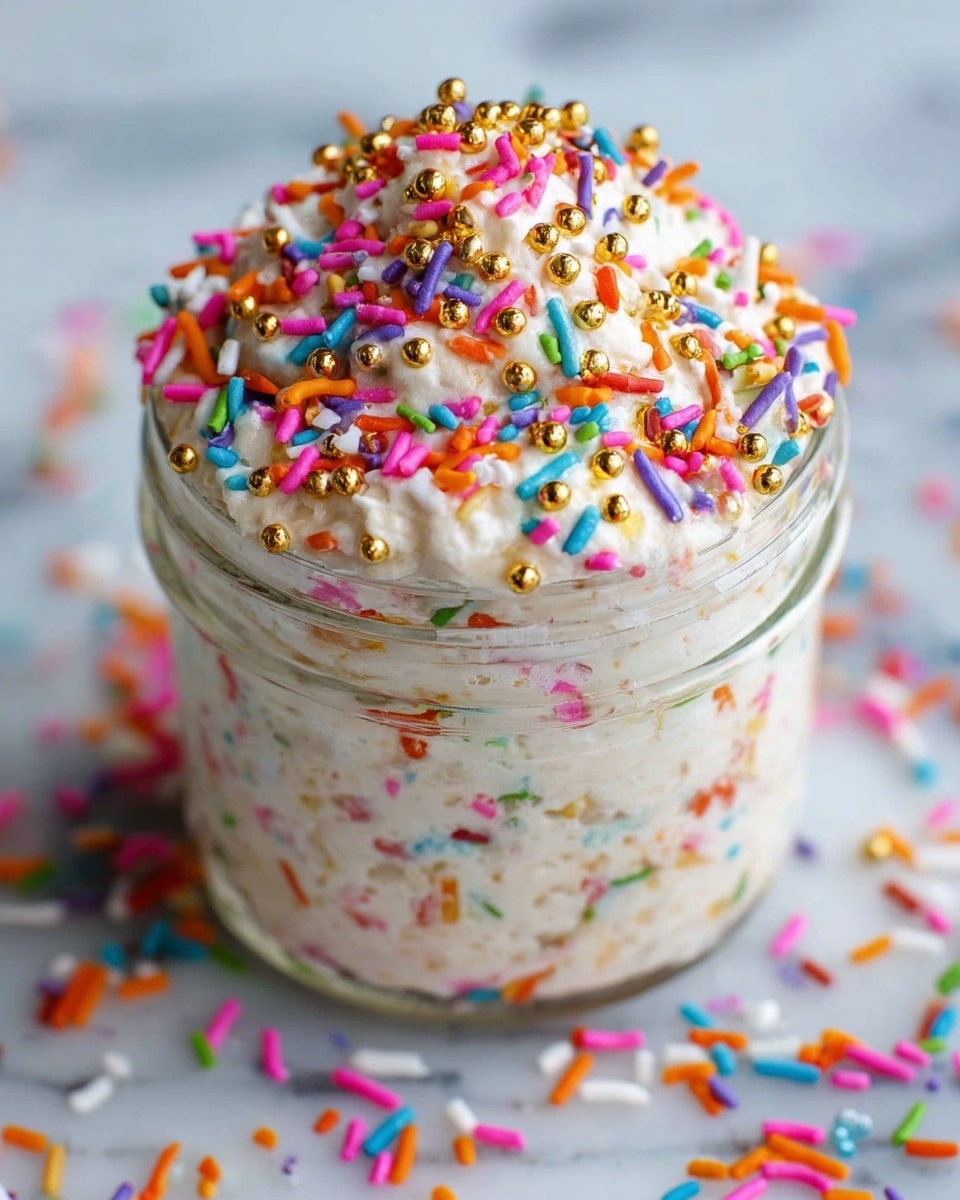 A clear glass jar filled to the top with a creamy, white, textured mixture speckled with colorful rainbow sprinkles throughout. The top layer is rounded and piled high with more sprinkles in bright colors like pink, orange, blue, green, yellow, and purple, along with small shiny gold beads spread over the surface. The jar sits on a white marbled texture, and scattered sprinkles surround the base, adding a playful touch. photo taken with an iphone --ar 4:5 --v 7